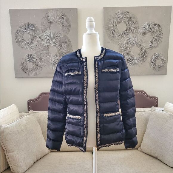 Karl Lagerfeld Tweed Trim Puffer Jacket Sz Sm - Picture 2 of 16